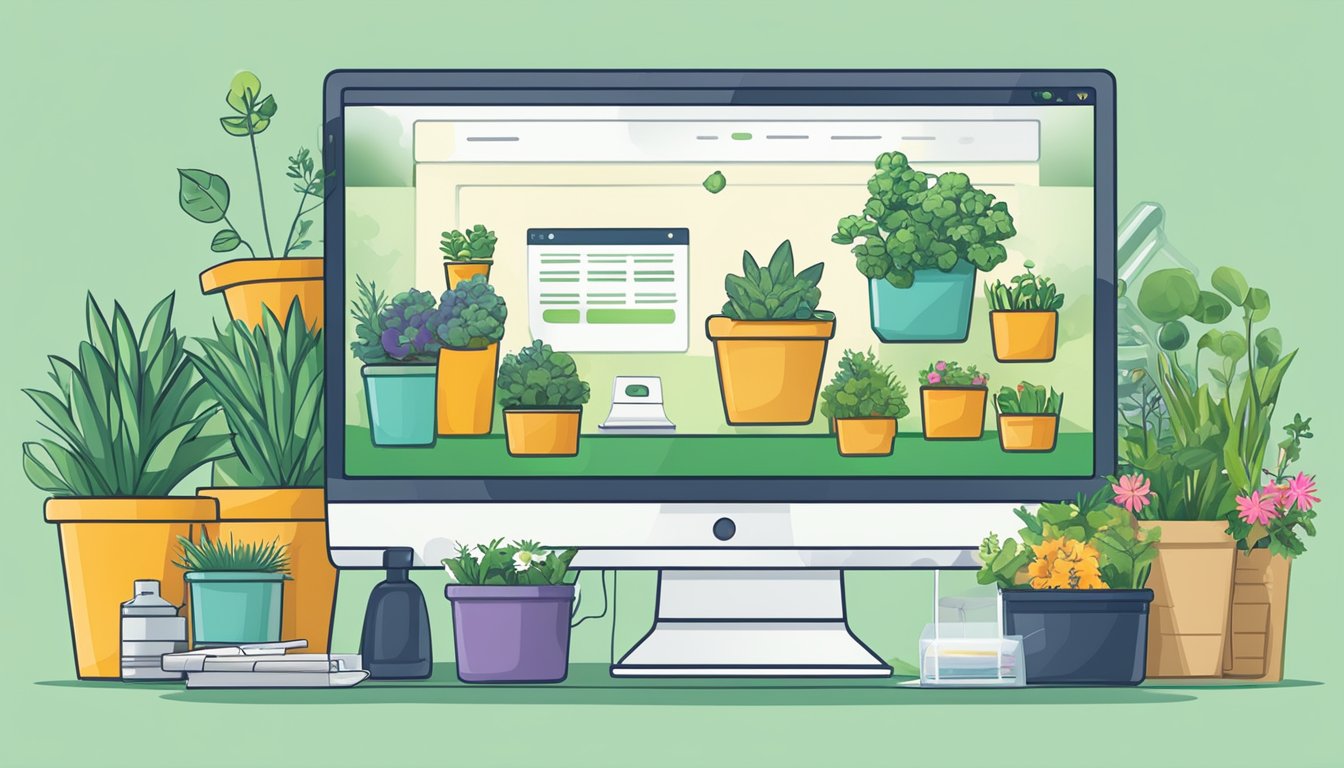A computer screen displays a website with various gardening supplies. A cursor hovers over the "add to cart" button