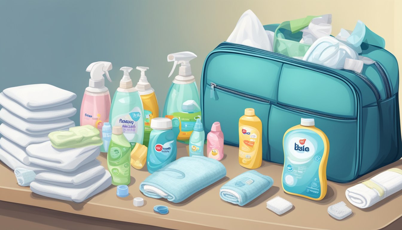 A table with diapers, wipes, bottles, formula, and baby clothes. A diaper bag and changing pad are nearby