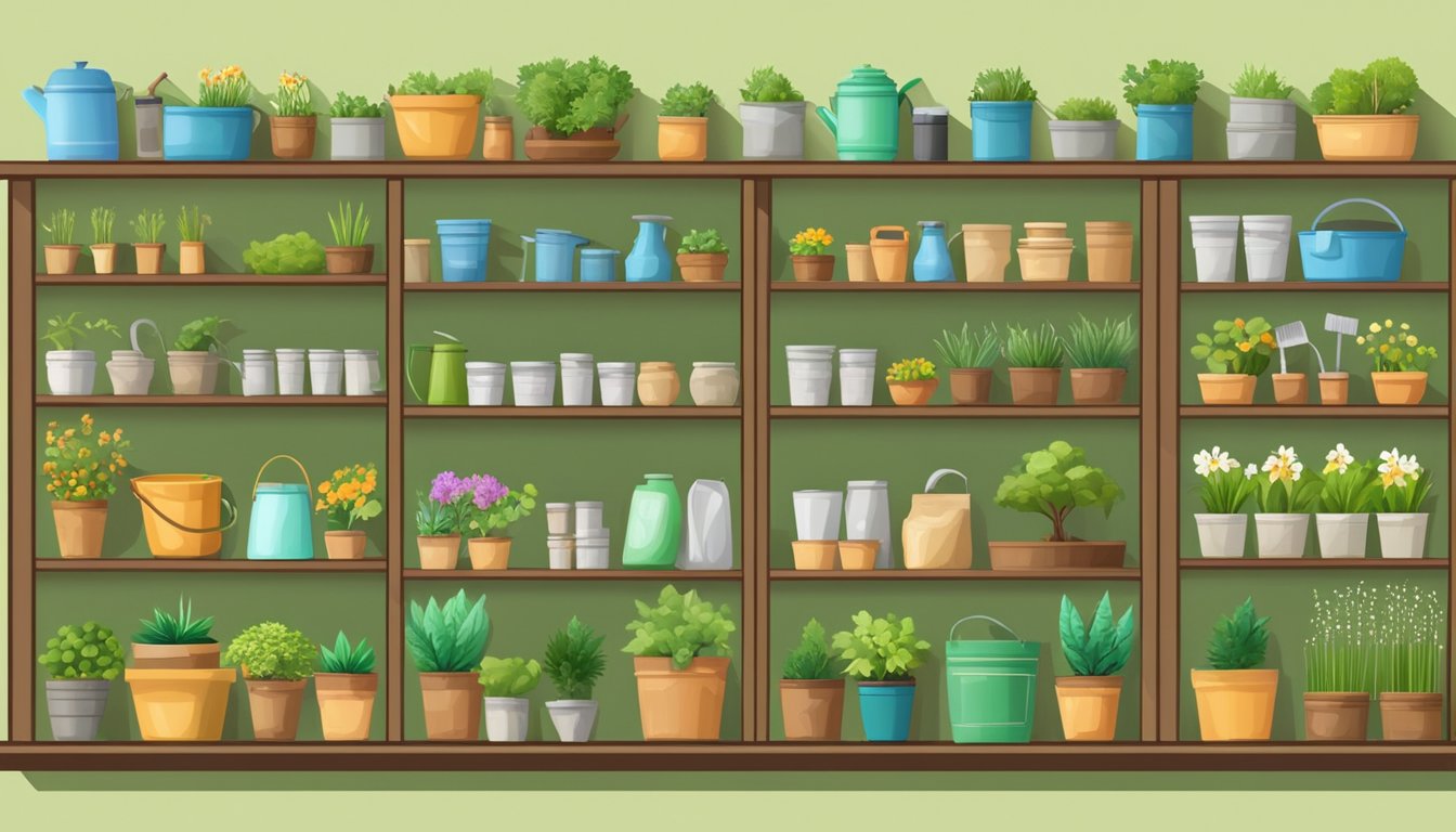 A variety of gardening supplies neatly displayed on shelves in an online store, including pots, tools, seeds, and fertilizers