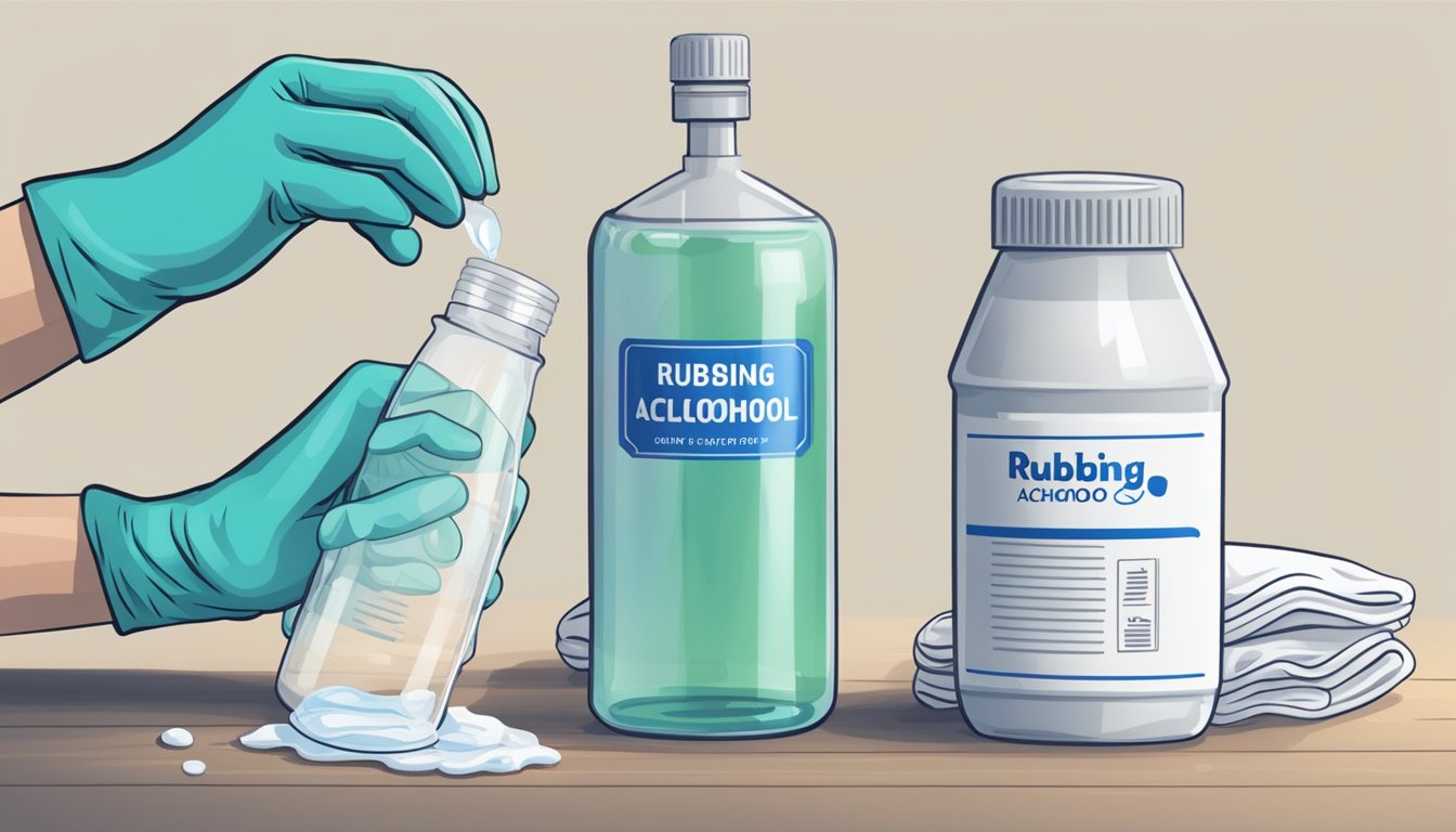 A hand pouring rubbing alcohol from a bottle onto a cotton pad on a clean surface. The bottle is labeled "Rubbing Alcohol" and there are safety goggles and gloves nearby