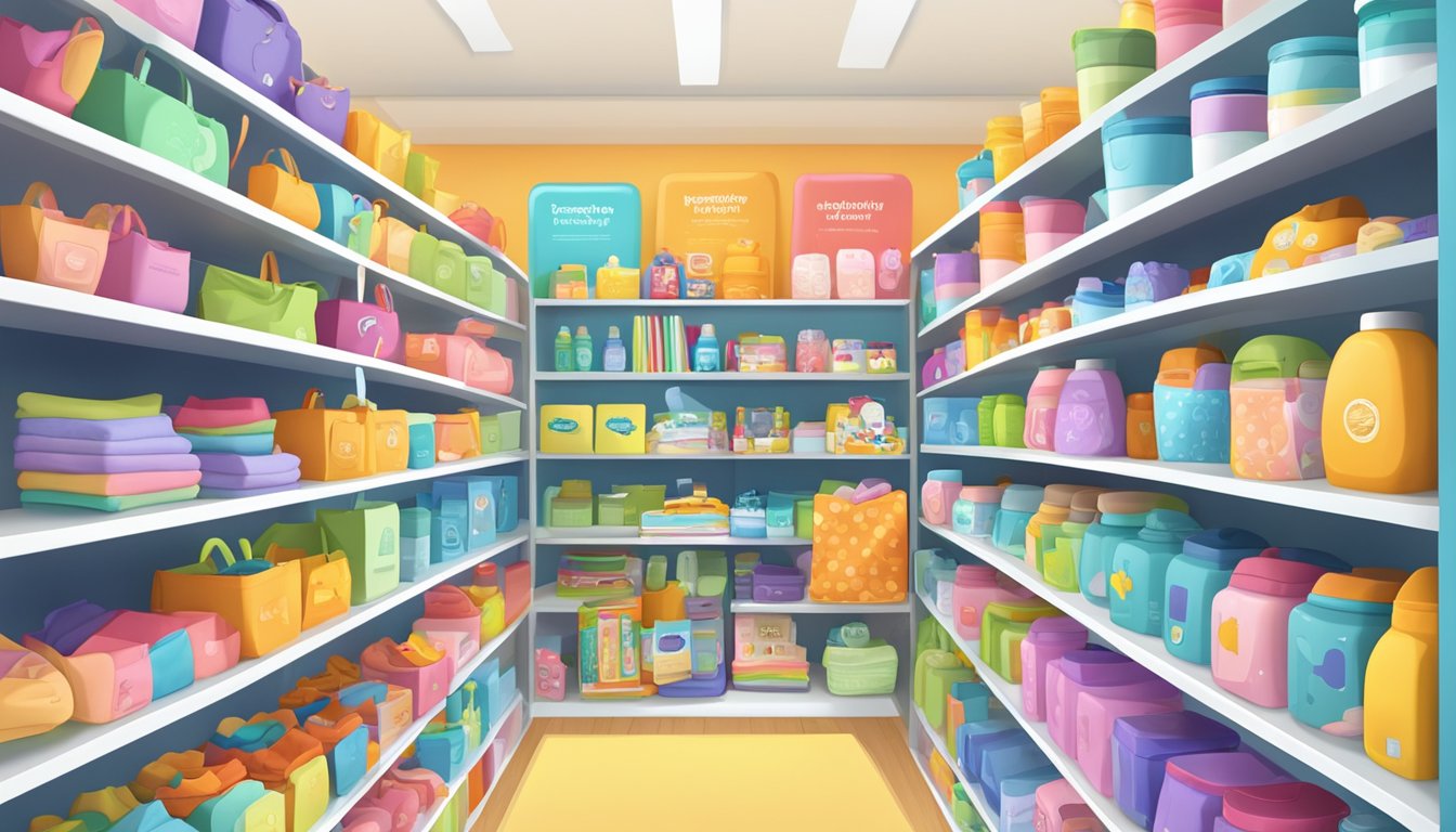 A colorful array of baby essentials displayed on shelves with a "Frequently Asked Questions" list in the background