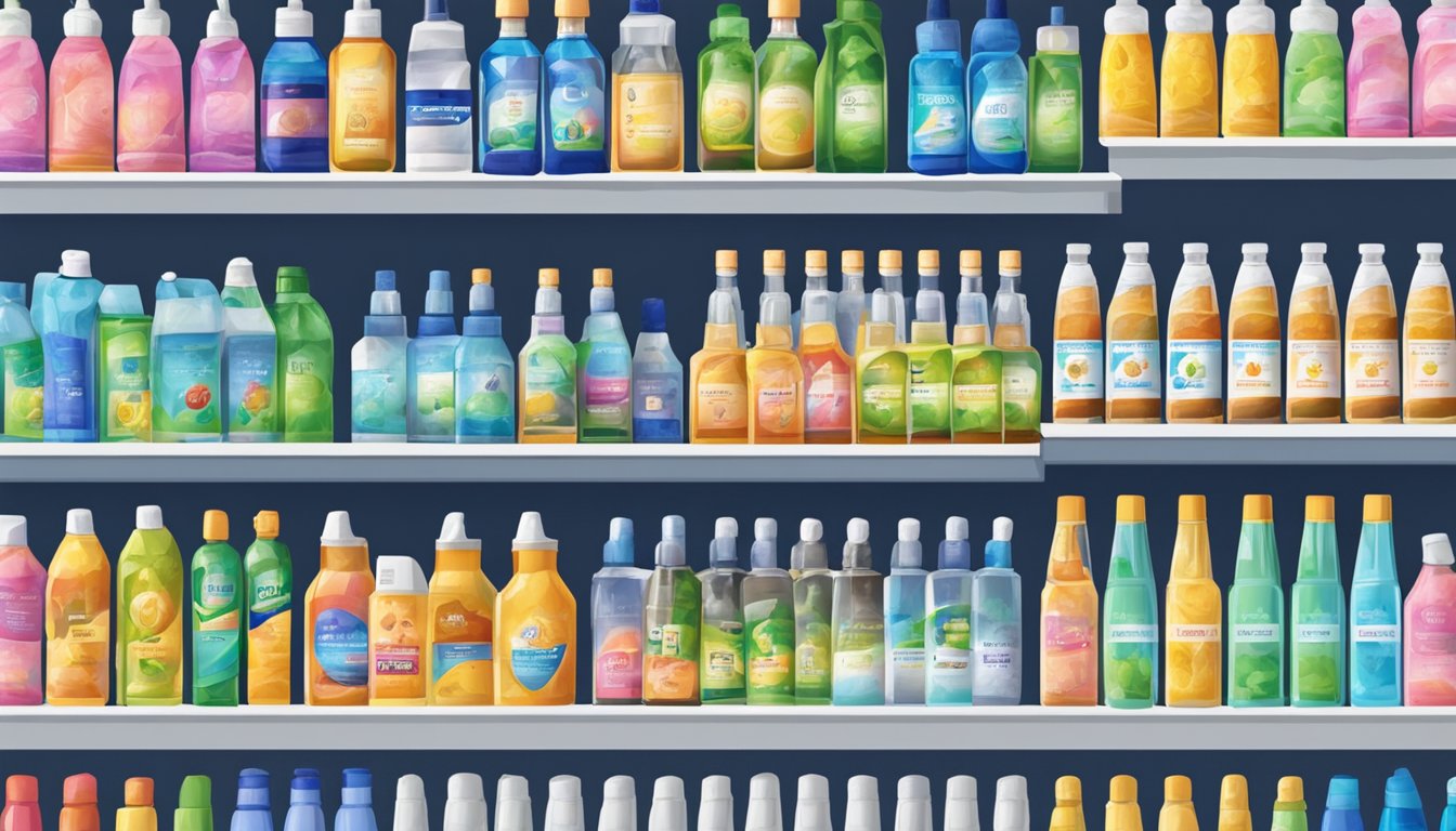Shelves stocked with rubbing alcohol bottles in a Singapore store