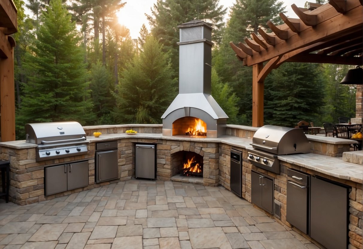 An outdoor kitchen with stainless steel appliances, granite countertops, and a built-in grill. Surrounded by a spacious patio with comfortable seating and a fire pit