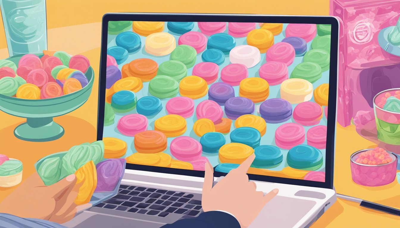 A hand reaches for a tray of colorful, bite-sized Luk Chup sweets. Nearby, a computer screen displays an online purchase of the treats