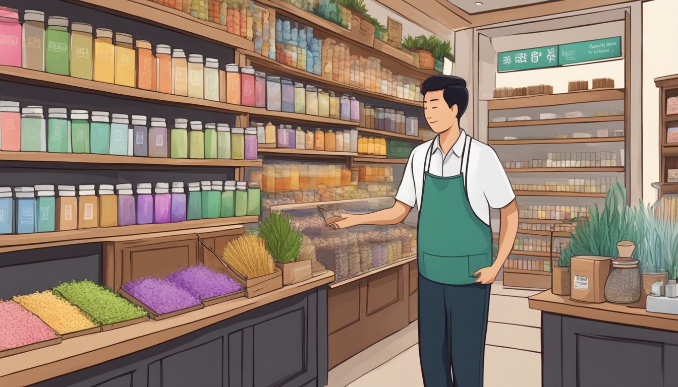 A small shop in Singapore sells sage incense, with shelves displaying various scented sticks and a friendly shopkeeper assisting customers