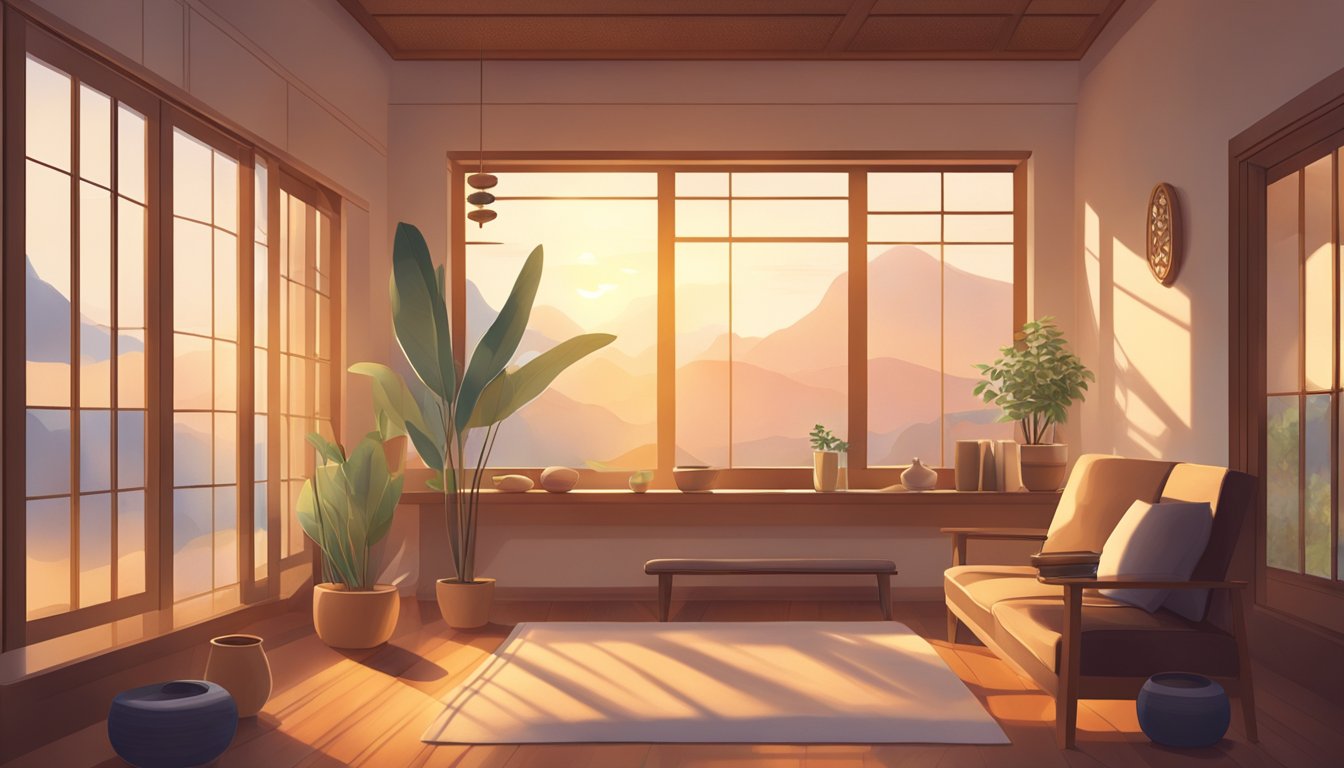A serene room with a burning sage incense stick. Soft light filters through the window, casting a warm glow on the peaceful space