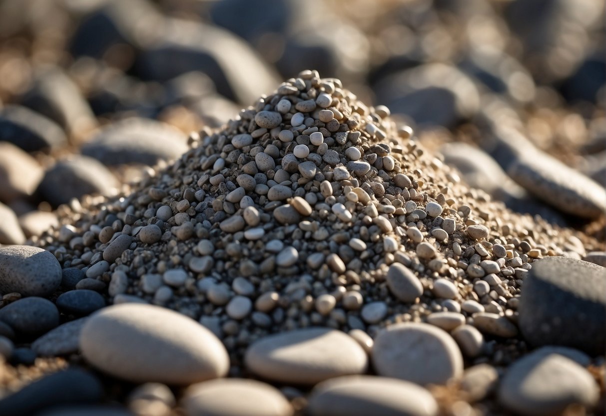 A pile of gray rock dust sits on the ground, scattered with small rocks and pebbles. The dust appears fine and powdery, with a slightly gritty texture