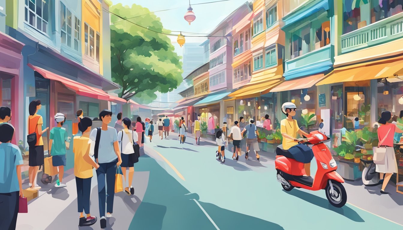 A bustling street in Singapore, with colorful storefronts and a display of micro scooters. People walking by, admiring the various models