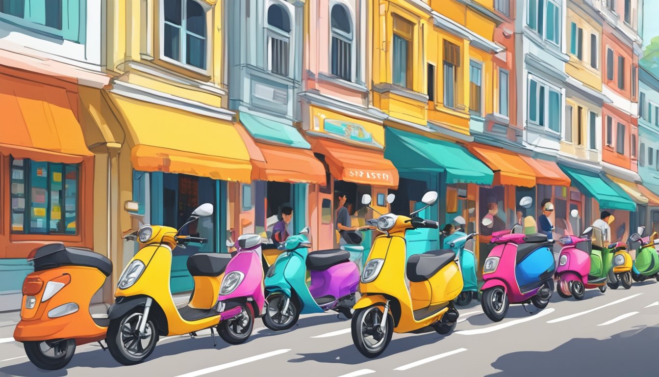A bustling street in Singapore, with colorful storefronts displaying a variety of Micro Scooters. The vibrant display catches the eye of passersby