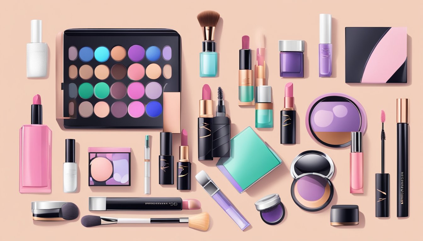 A makeup kit displayed on a sleek online shopping platform, surrounded by various beauty products and accessories