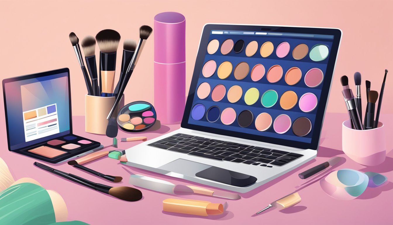 A laptop displaying various makeup kits on a website. A hand hovers over the mouse, ready to click and purchase