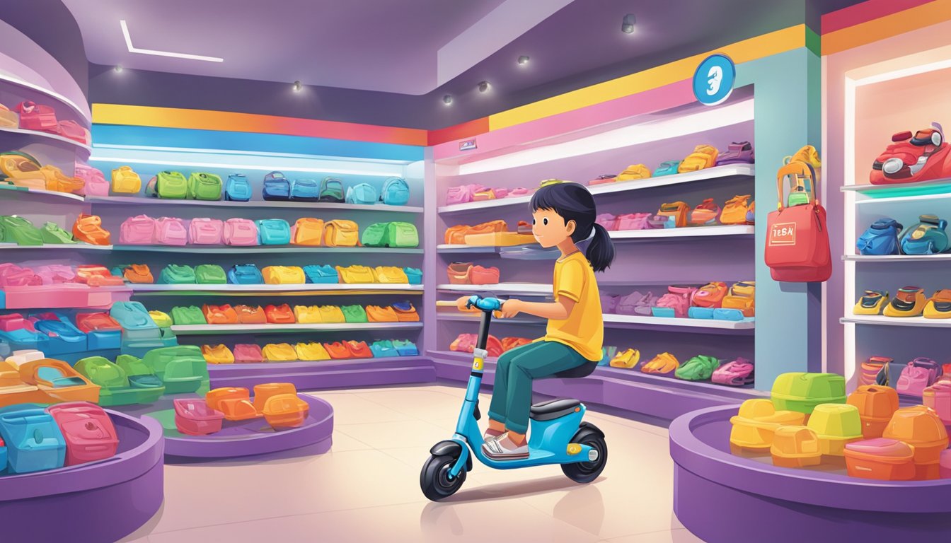 A child carefully selects a sleek micro scooter from a colorful display at a Singaporean store