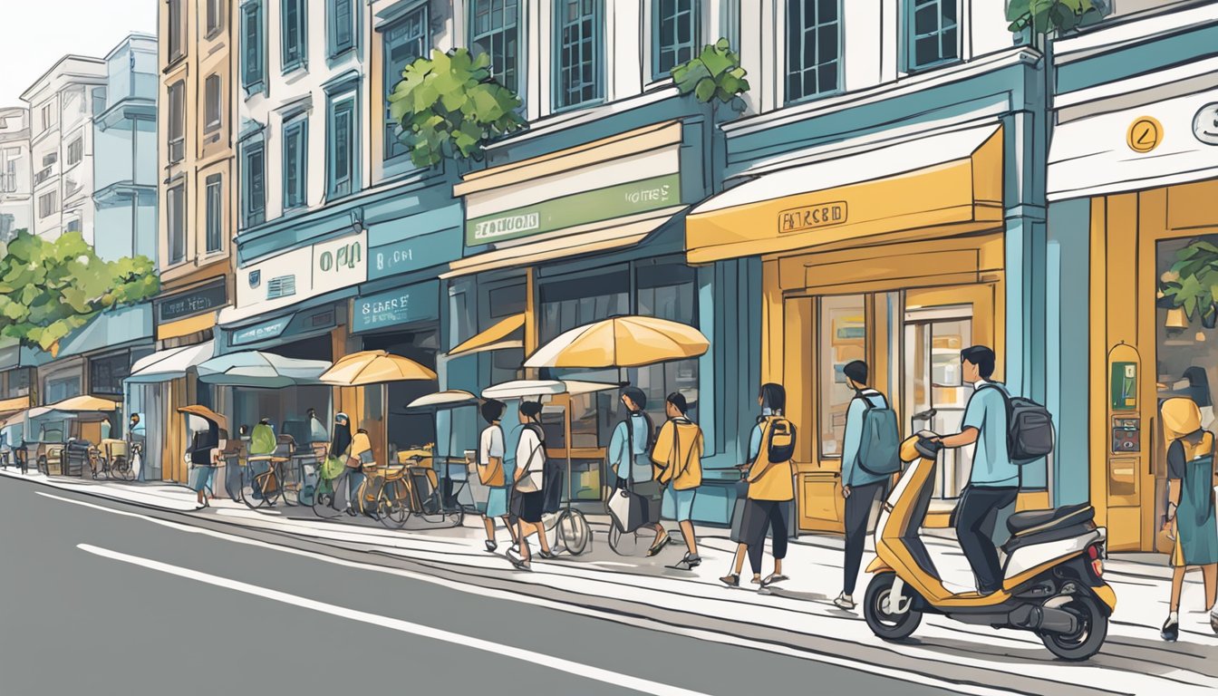 A busy street with a storefront displaying "Frequently Asked Questions micro scooter singapore where to buy" signage. Pedestrians walking by