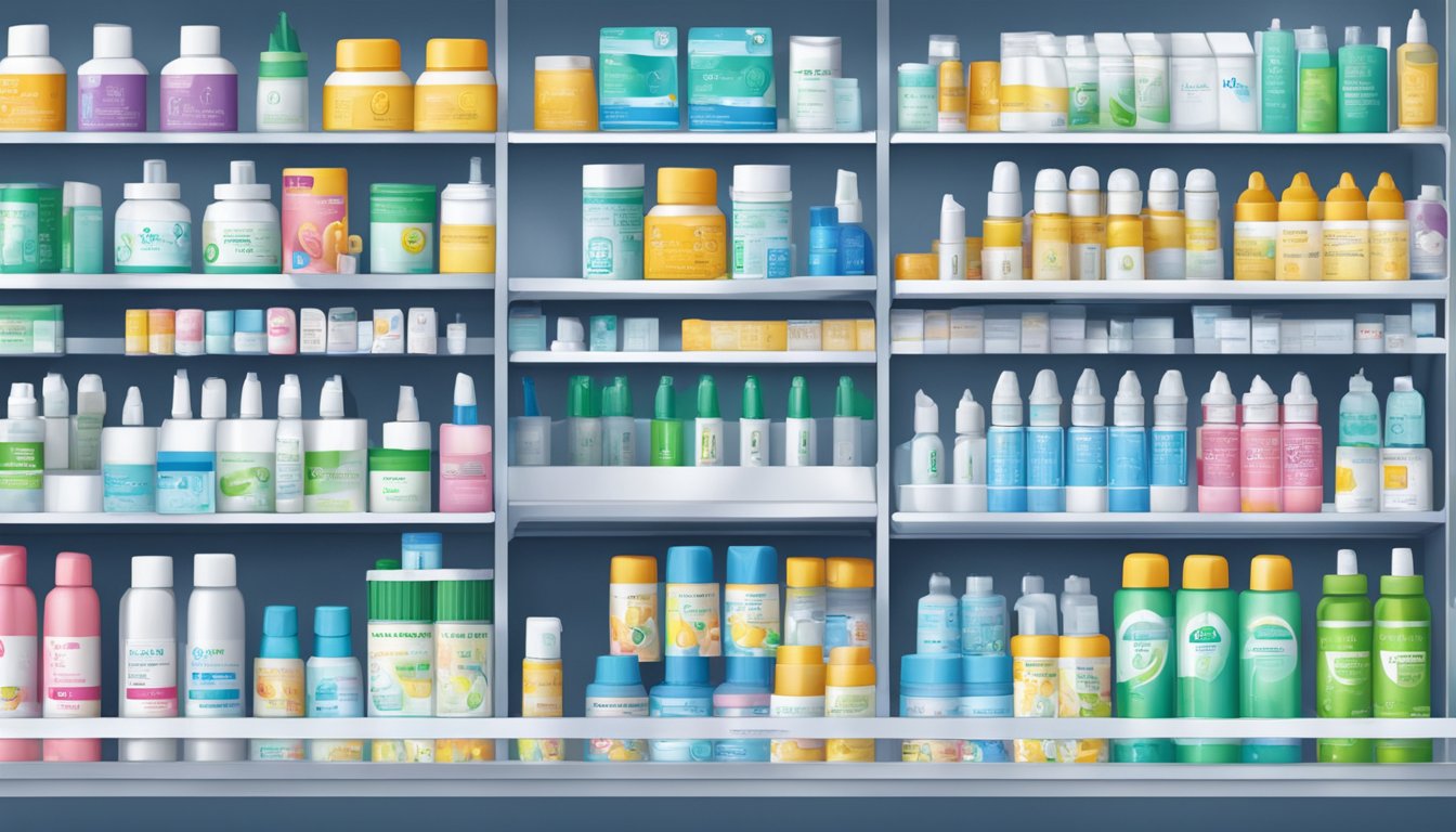 A pharmacy shelf displays saline nasal spray in Singapore