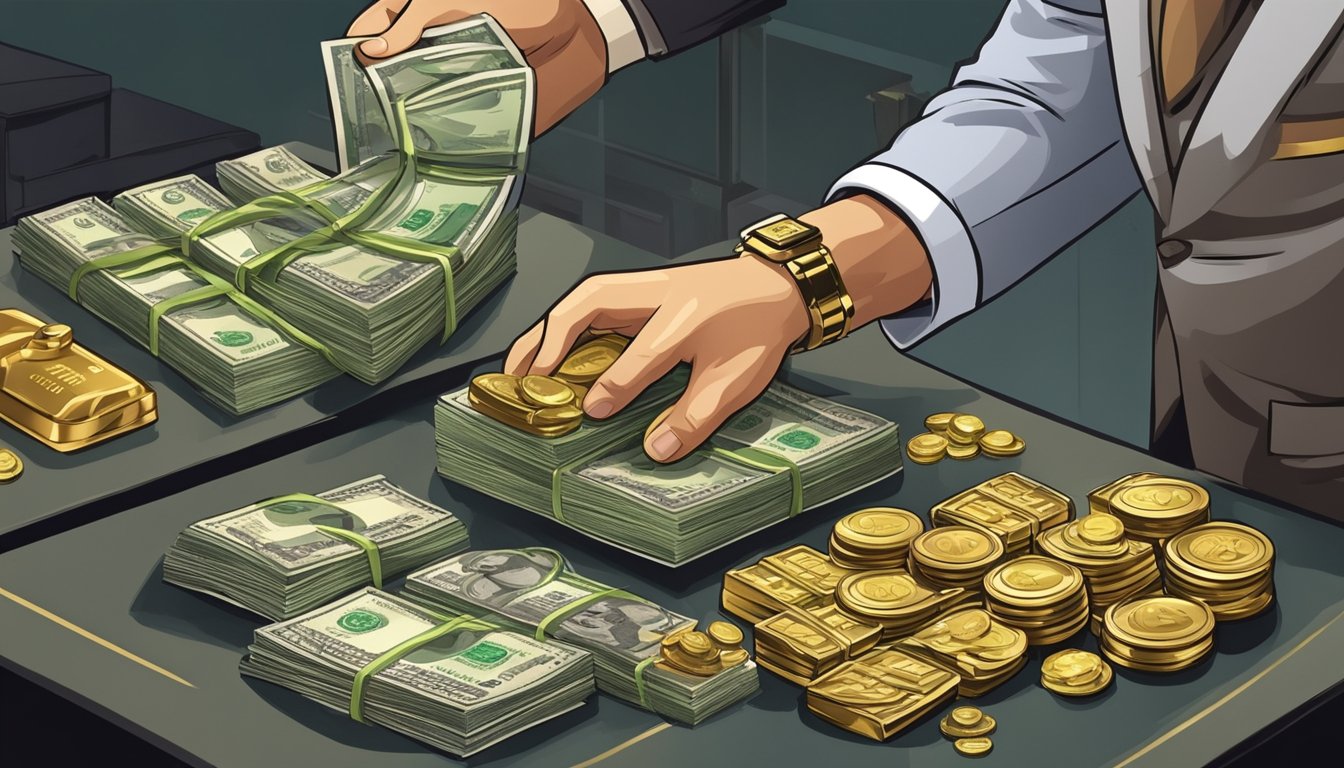 A customer hands over cash to a pawn shop attendant in exchange for a small bag of gold jewelry. The attendant weighs and inspects the gold before completing the transaction