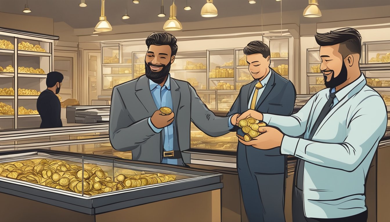 A customer confidently purchases gold from a pawn shop, while the shop owner counts the money and hands over the precious metal