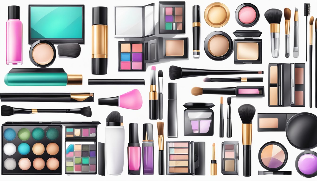 A makeup kit displayed on a clean, white background with various compartments and products neatly arranged for easy online purchase