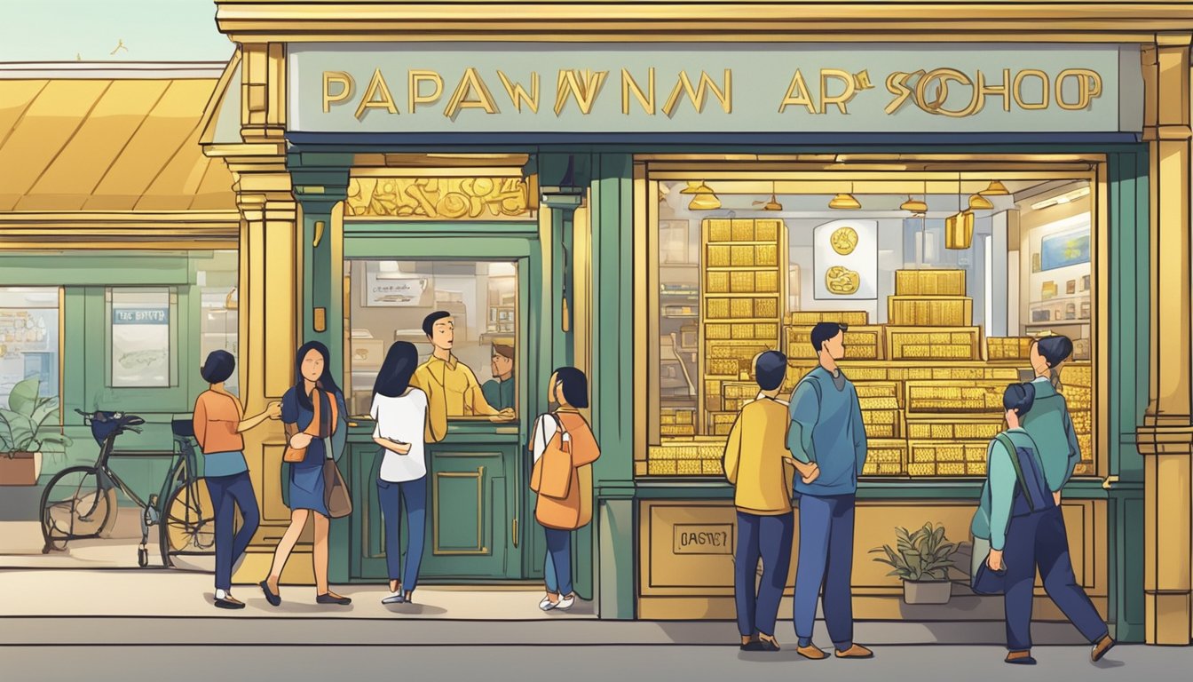 Customers asking about buying gold at a pawn shop in Singapore, with a sign displaying "Frequently Asked Questions" prominently