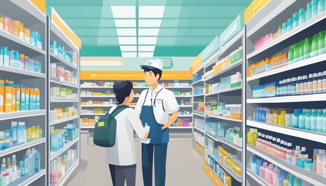 Shelves stocked with saline nasal spray in a pharmacy in Singapore. Customers browsing and asking questions to the staff