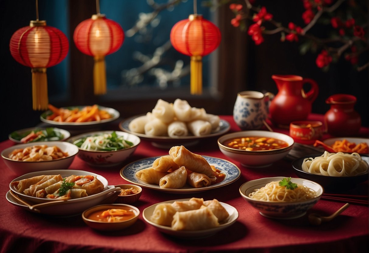 A table set with various Chinese New Year dishes, including dumplings, spring rolls, and noodles, surrounded by festive decorations and red lanterns