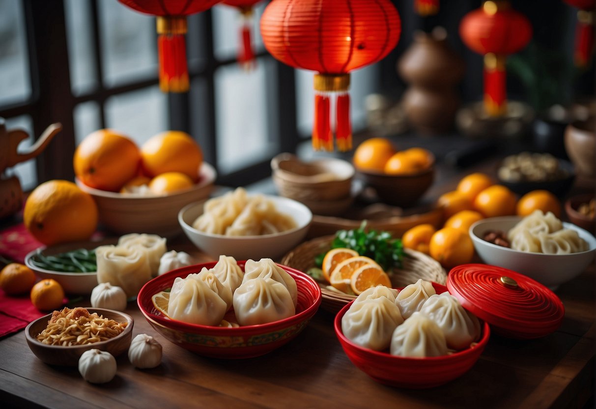 A table filled with traditional Chinese New Year ingredients: dumplings, noodles, fish, oranges, and red envelopes. Decorative red lanterns hang in the background