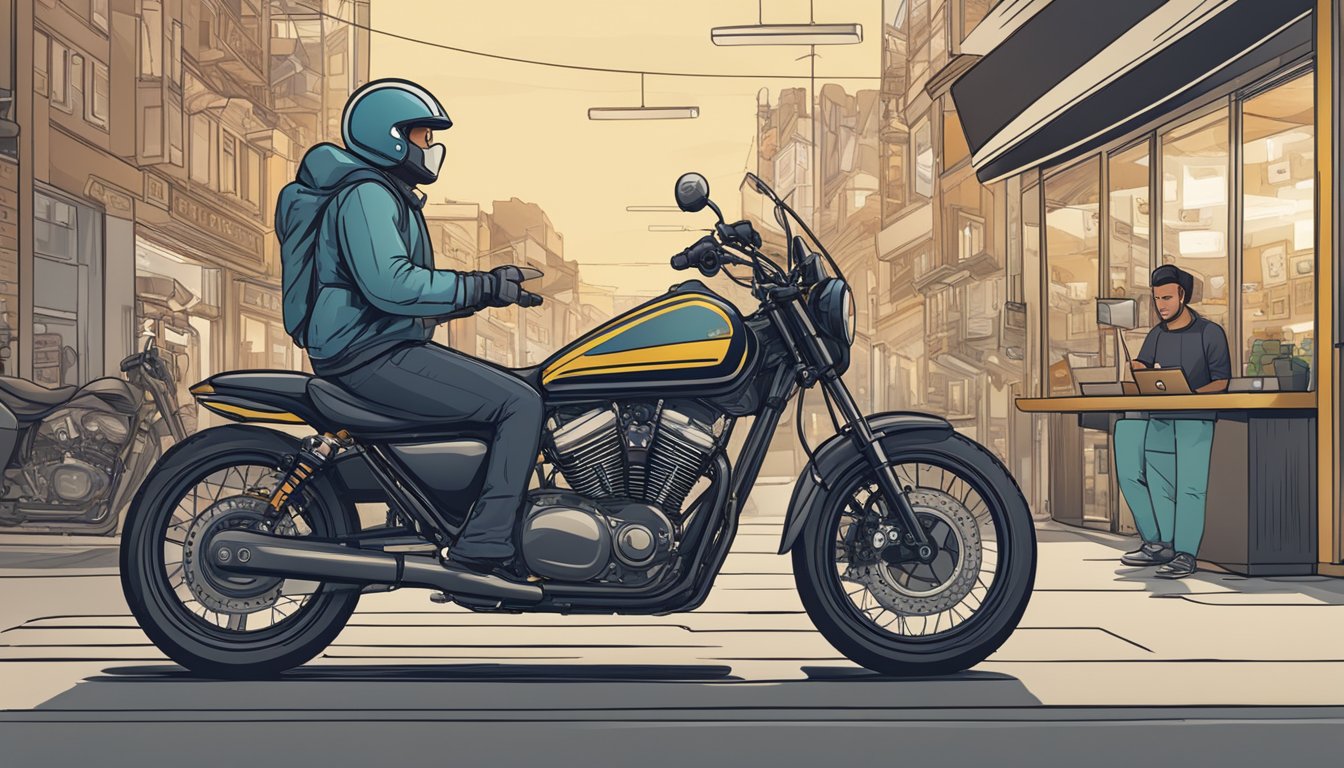 Customers browsing motorcycles online, with a list of frequently asked questions displayed on the screen