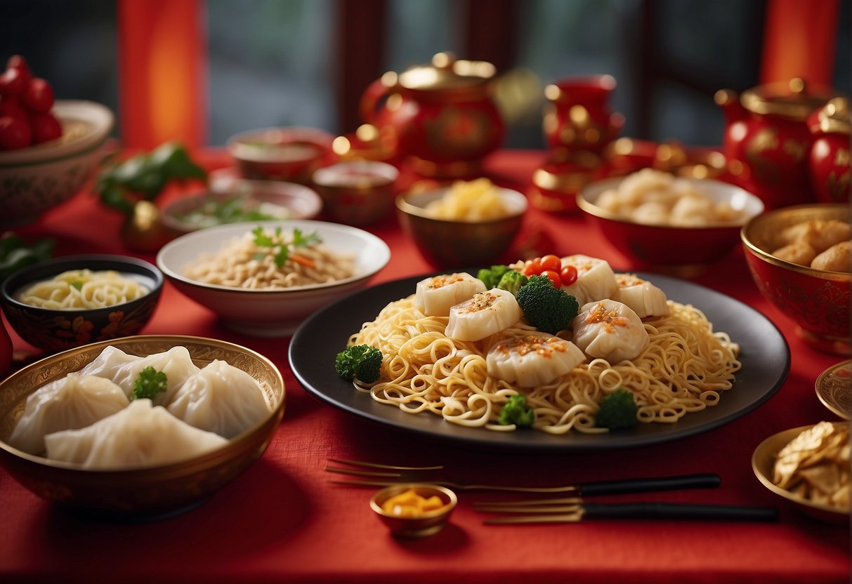 A table set with a variety of Chinese New Year dishes, including stir-fried noodles, dumplings, and steamed fish. Red and gold decorations add a festive touch to the scene
