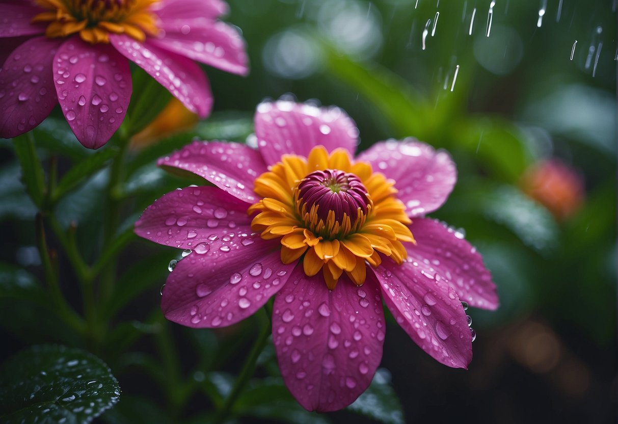 Rain falls gently onto vibrant outdoor flowers, adding moisture to the soil, as they are watered in accordance with best practices