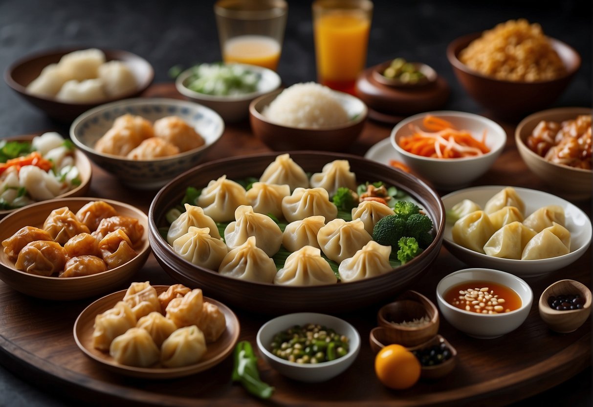 A table spread with various Chinese New Year appetisers and savoury sides, showcasing a colorful array of dumplings, spring rolls, and other traditional dishes