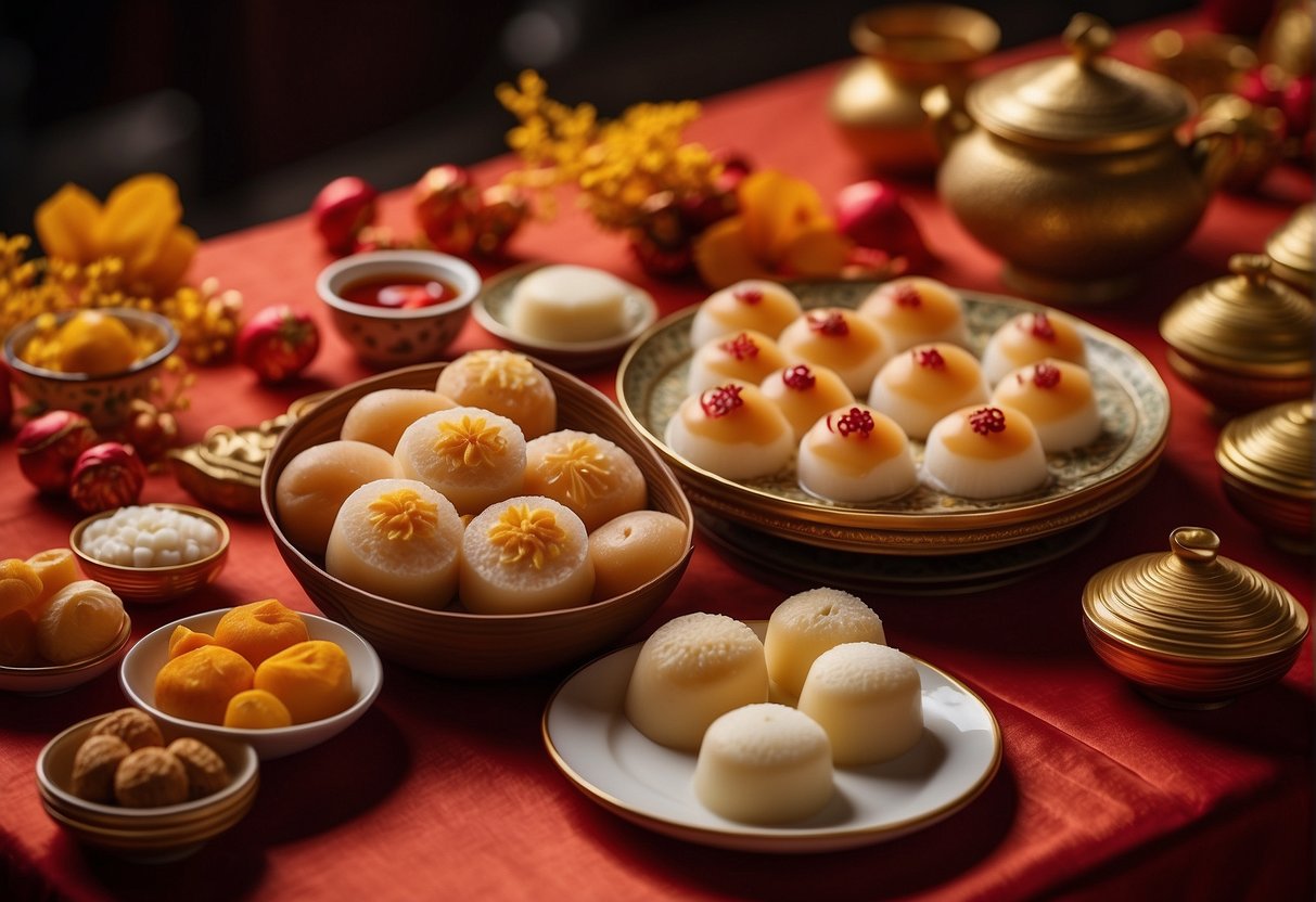 A table adorned with traditional Chinese New Year desserts, including tangyuan, nian gao, and sweet rice cakes, surrounded by vibrant red and gold decorations