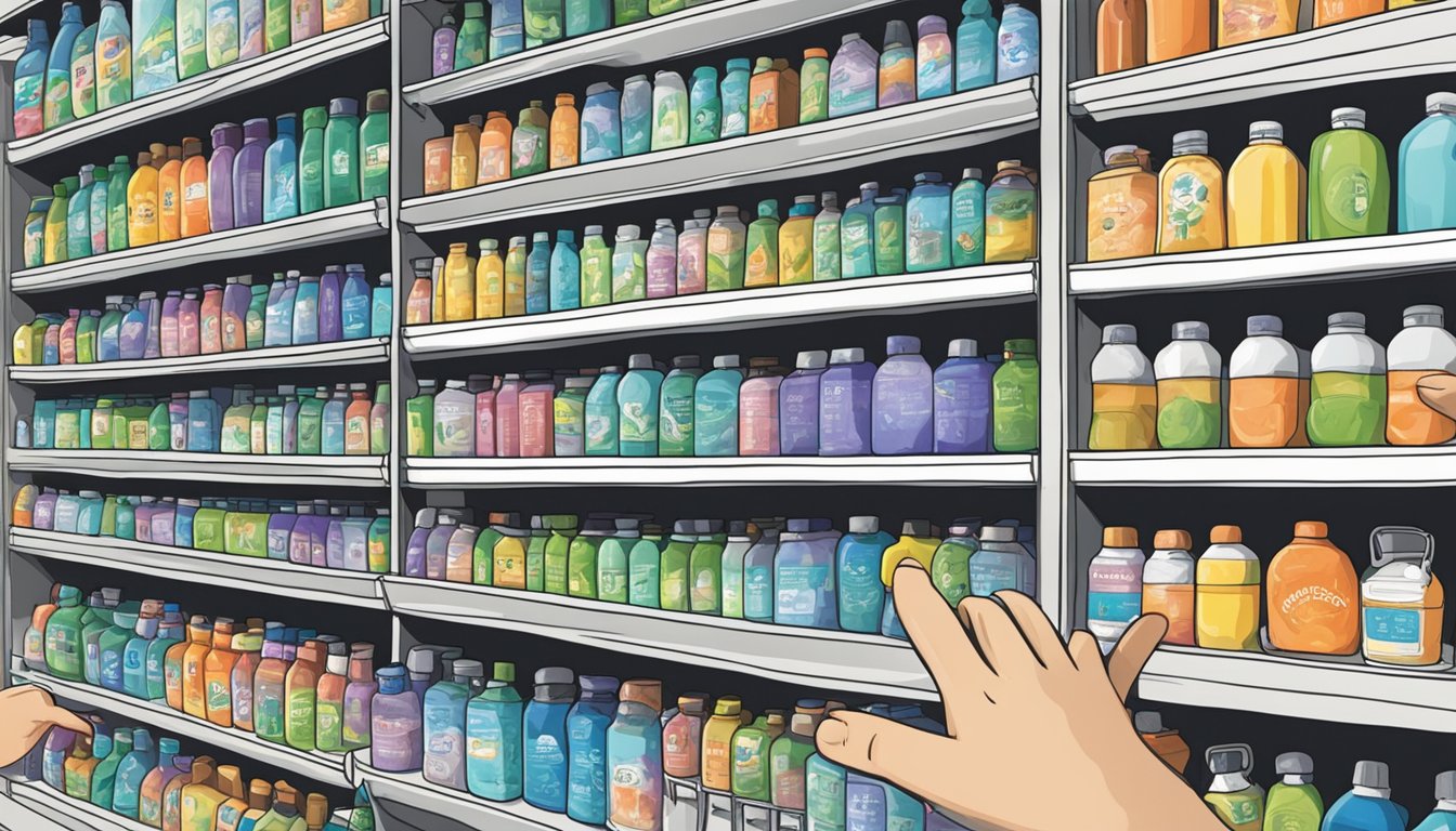 A hand reaches for Nalgene bottles on a shelf in a Singapore store