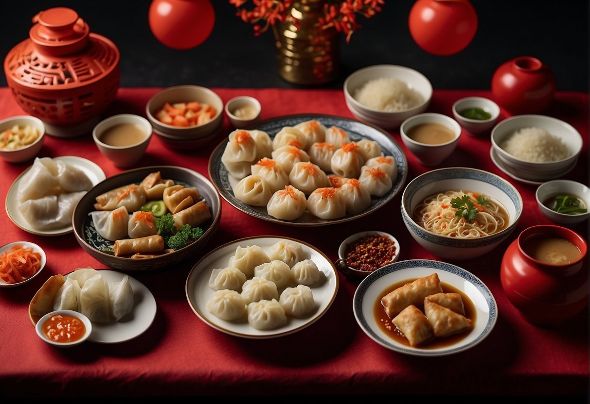 A table set with various Chinese New Year dishes, including dumplings, spring rolls, and noodles, with chopsticks and decorative red lanterns