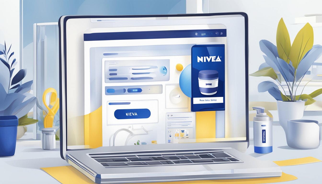A computer screen showing a website with the Nivea logo and a "buy now" button
