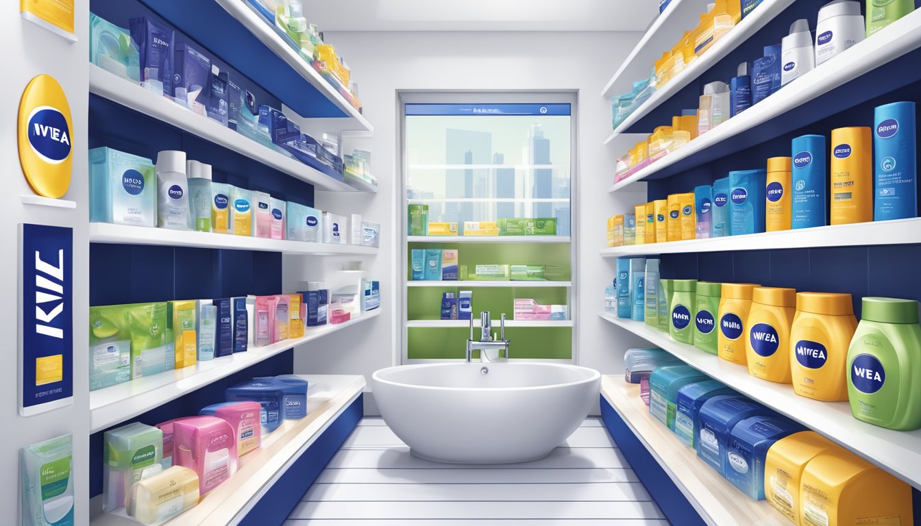 A bright, modern bathroom shelf displays Nivea products. The logo is prominent, and the packaging is sleek and inviting