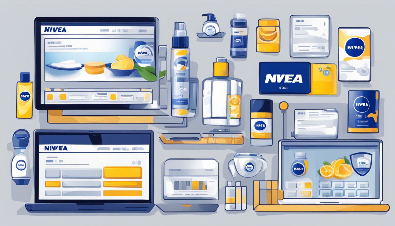 A laptop displaying the Nivea website with various products. A cursor hovers over the "Add to Cart" button. A credit card sits nearby