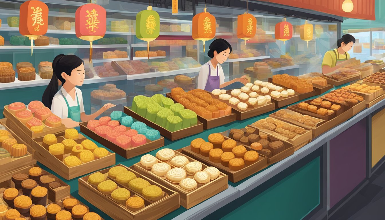 A display of mooncakes in a Singaporean market, with various vendors selling the traditional treats in colorful packaging