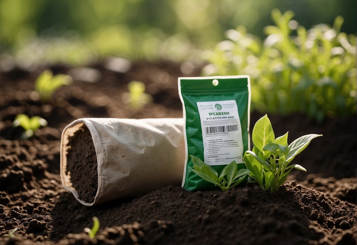 A bag of bone meal with a high phosphorus content label, surrounded by green plants thriving in the soil