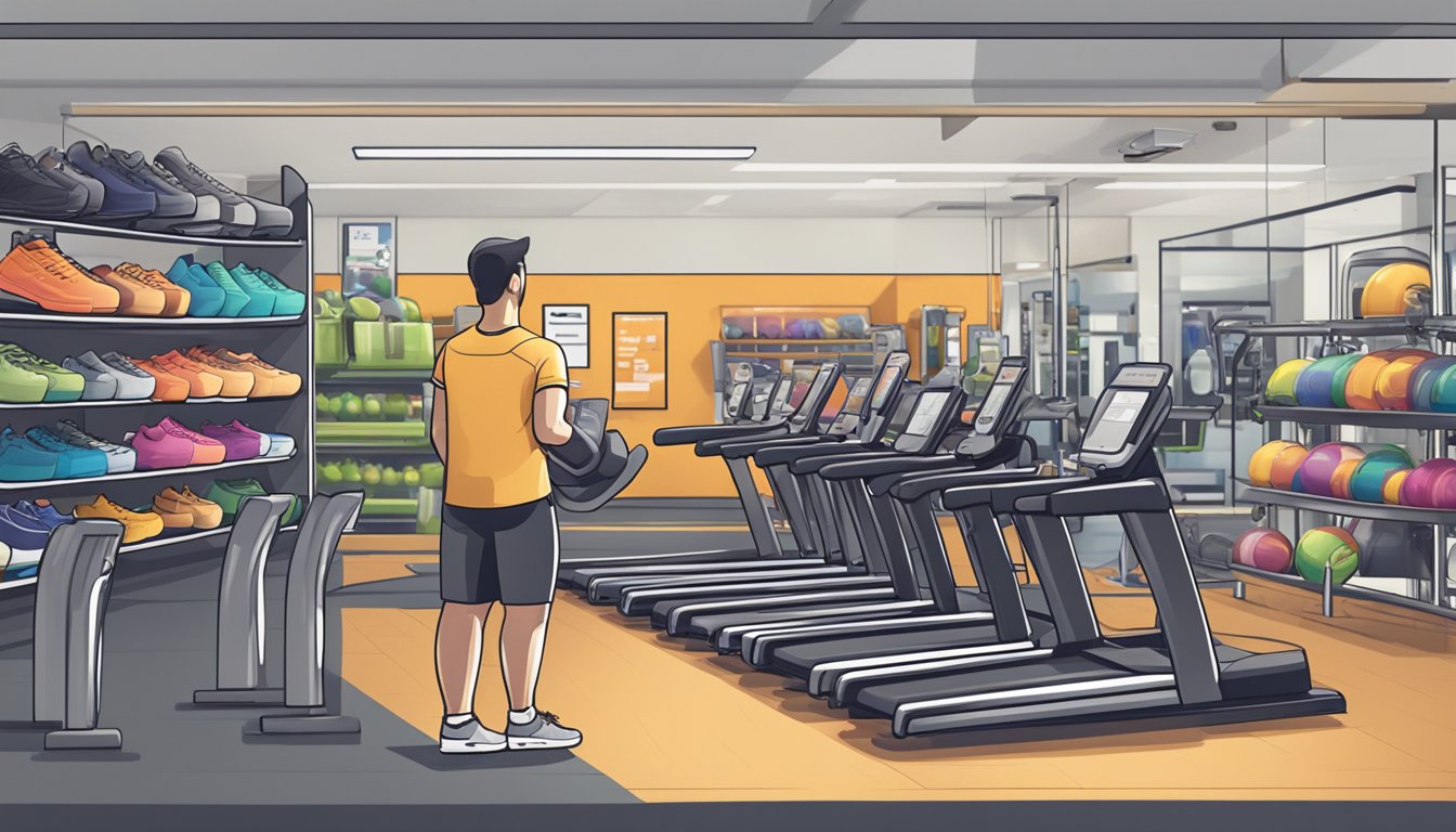 Customers browsing website, selecting gym equipment, adding items to cart, and proceeding to checkout. FAQ section visible on page
