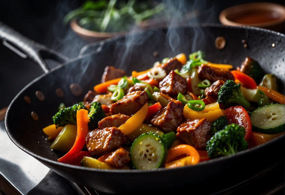 Sizzling pork stir-fry in a wok with colorful vegetables and a savory sauce