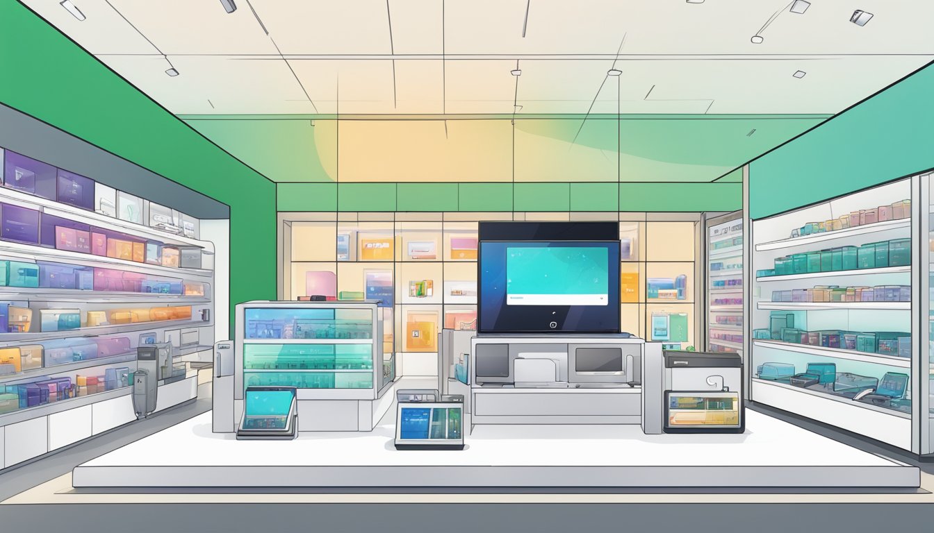 A hand reaches for an Oppo phone in a sleek Singaporean electronics store. The phone sits on a display stand, surrounded by other gadgets