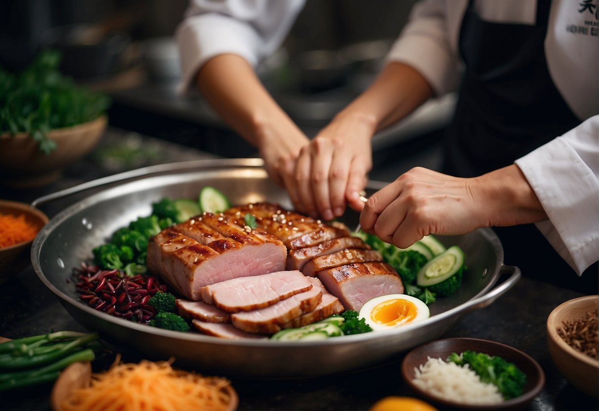 A chef effortlessly slices through tender Chinese pork, surrounded by vibrant ingredients and cooking utensils