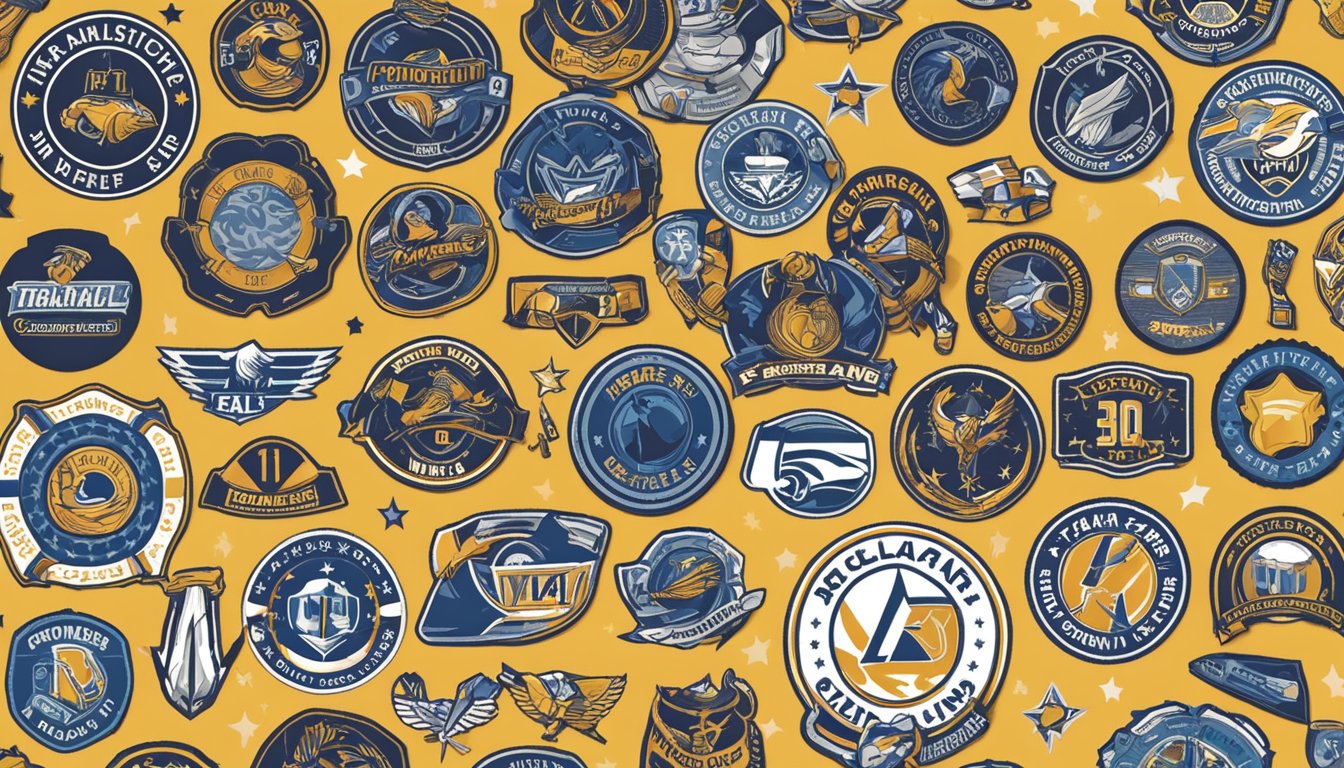 A group of patches arranged in a circle, with various designs and colors, showcasing team spirit and promotion