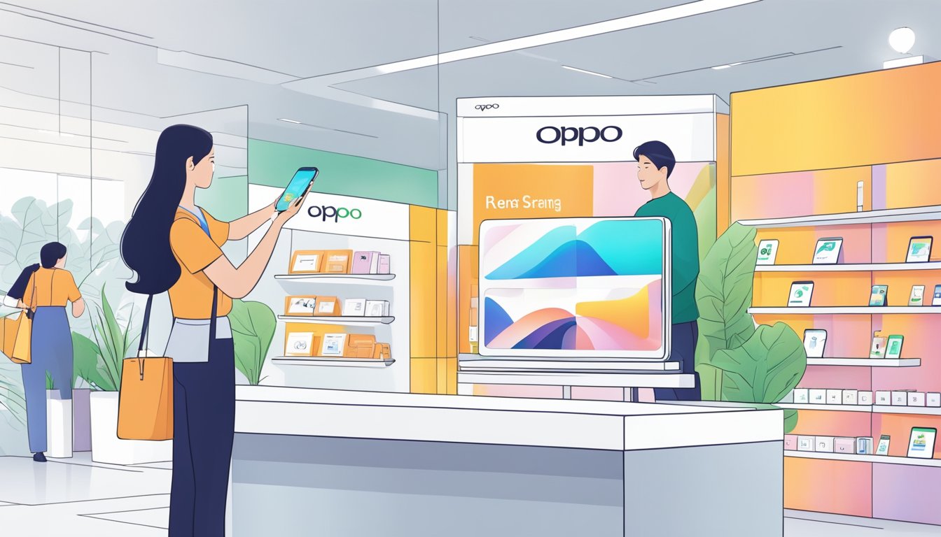 A hand reaches for an Oppo phone in a sleek Singapore store, with a bright, modern display and a salesperson ready to assist