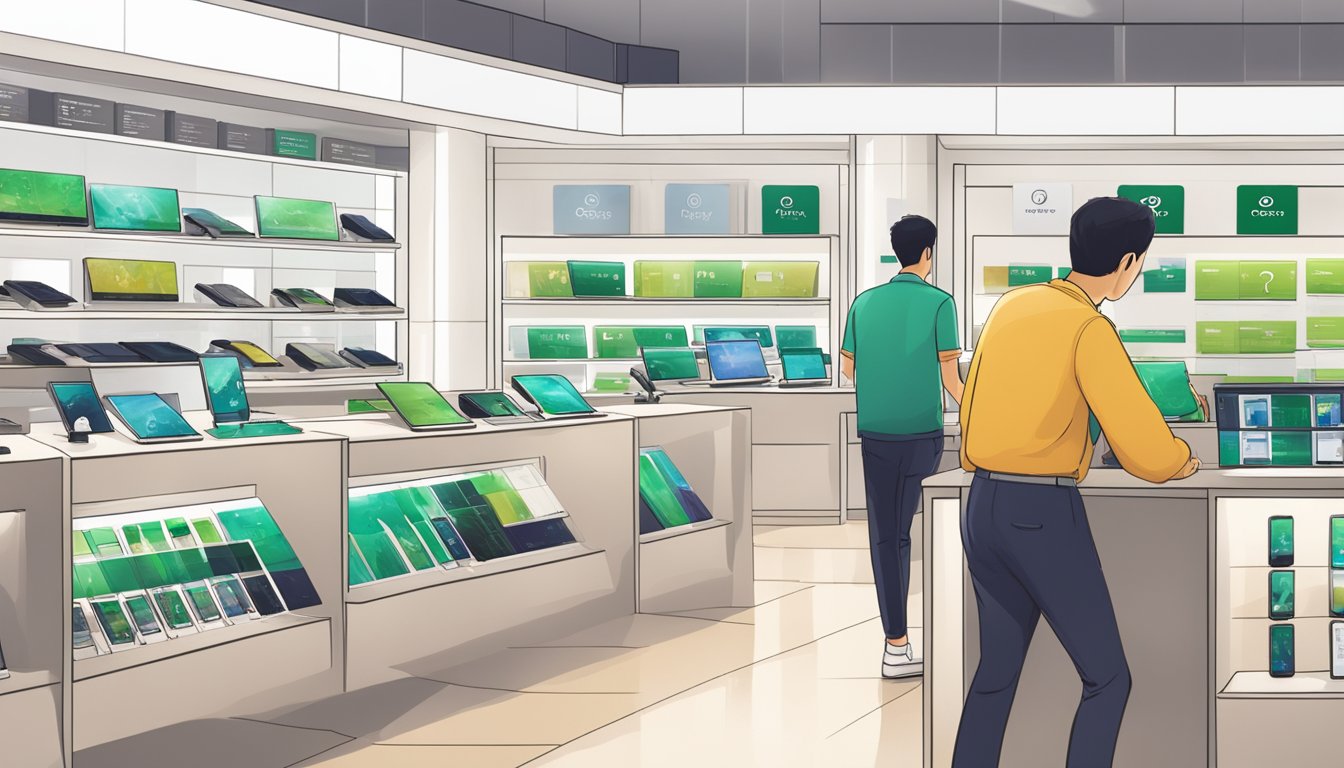 A customer browsing through a display of Oppo phones in a Singapore store, with a sign reading "Frequently Asked Questions" prominently displayed