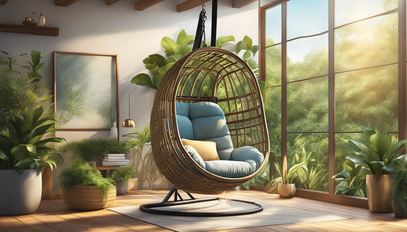 A cozy hanging chair suspended from a sturdy frame, surrounded by lush greenery and bathed in warm sunlight