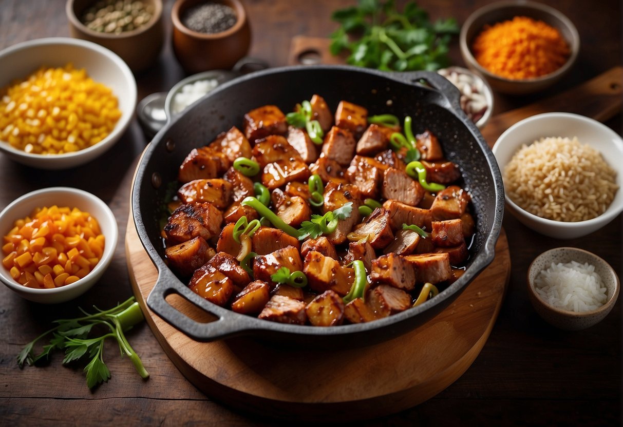 A sizzling skillet with marinated pork, surrounded by a variety of colorful glazes and seasonings, ready to be brushed on for a delicious Chinese-inspired dish