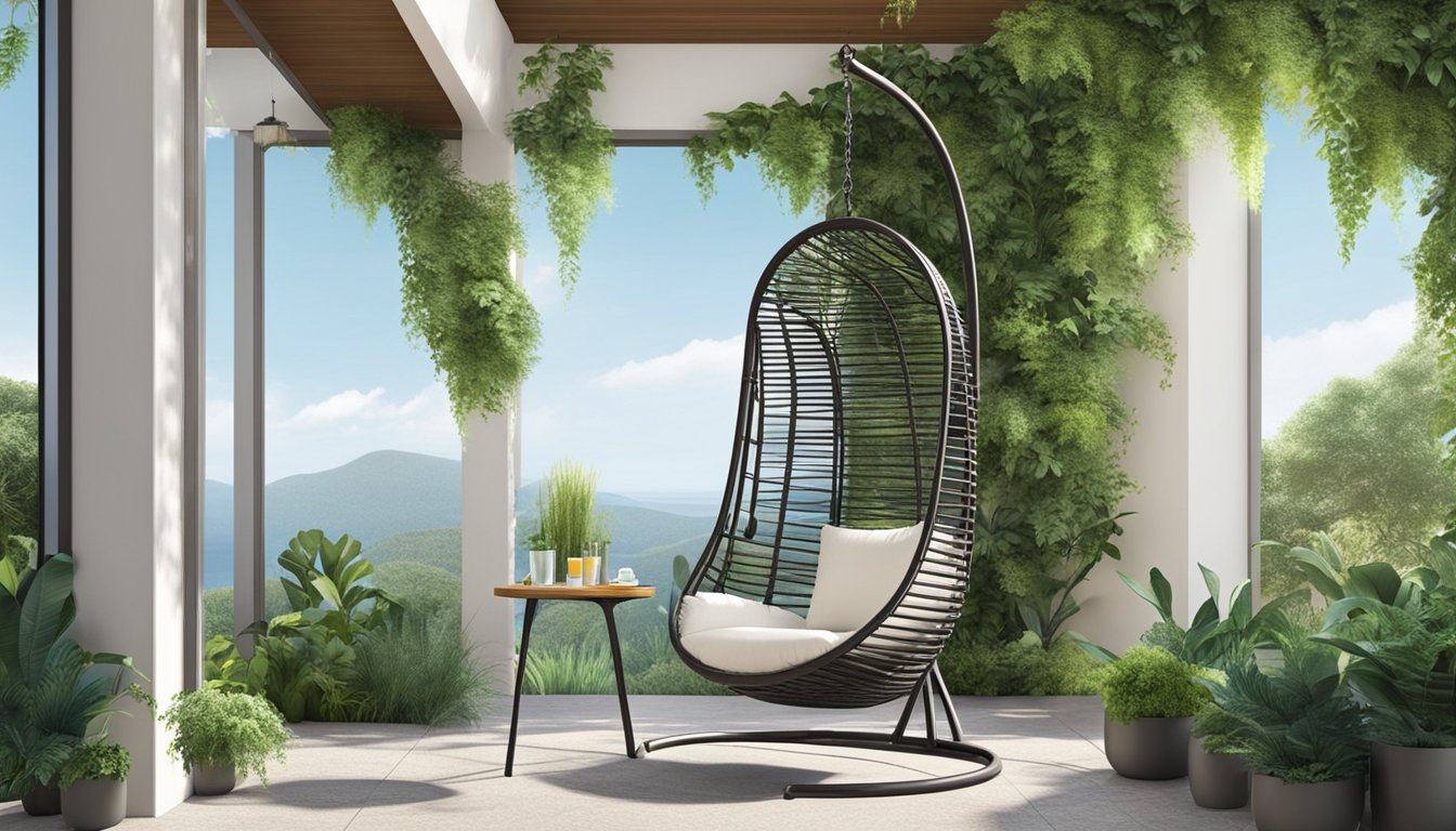 A hanging chair suspended from a sturdy frame, surrounded by lush greenery. The chair features a comfortable cushion and a durable, weather-resistant material. A small side table holds a refreshing drink