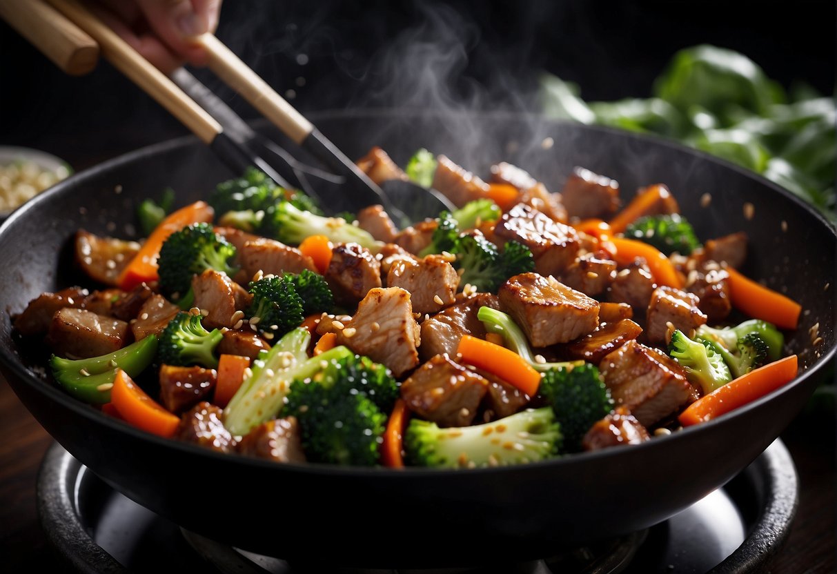 Sizzling pork stir-fry in a wok, steam rising, soy sauce splashing, garlic and ginger sizzling. Chopped vegetables ready to be added