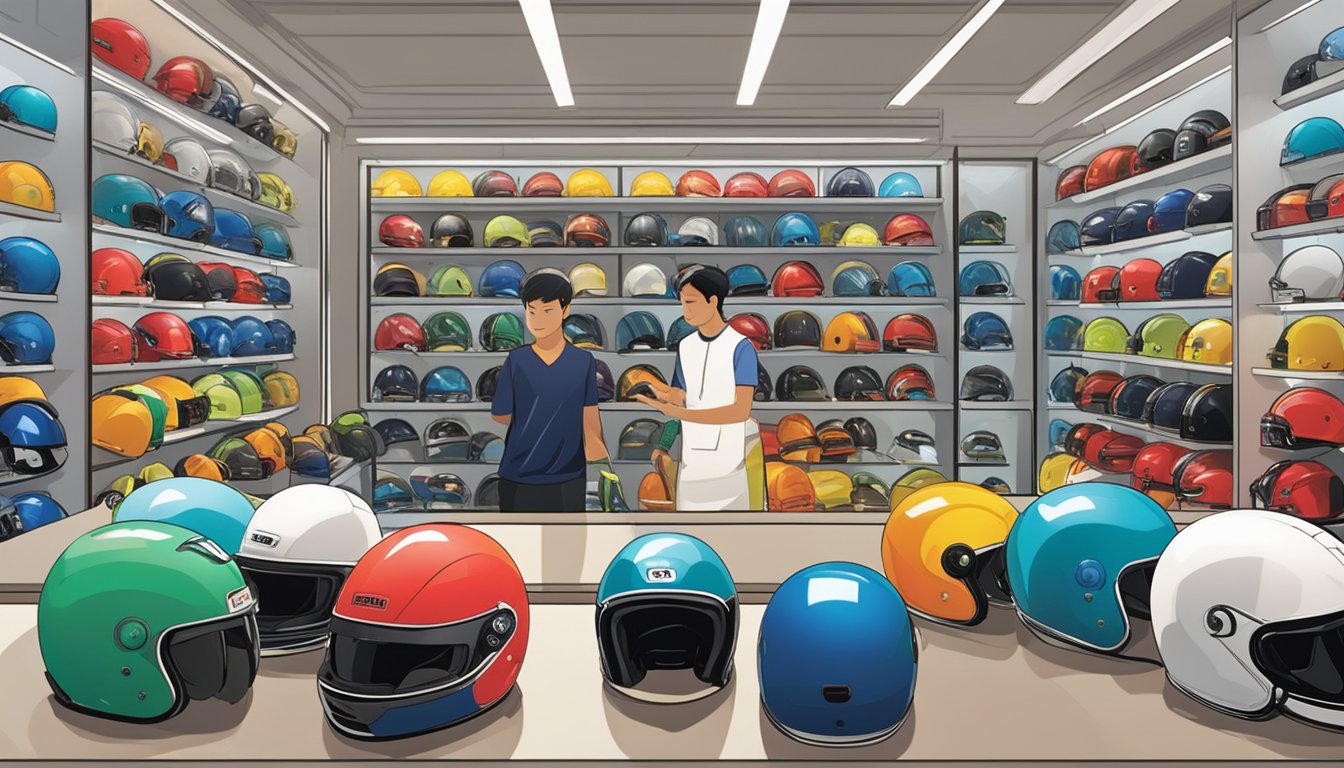 A person purchasing a helmet at a store in Singapore. The shop is brightly lit with rows of helmets on display. The customer is trying on a helmet with the assistance of a salesperson