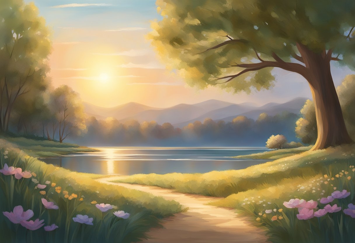 A serene, tranquil setting with soft, warm light. A sense of peace and comfort radiates from the scene, evoking feelings of emotional healing and restoration